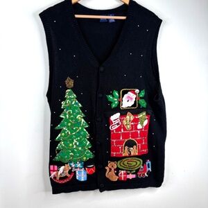 Basic Editions Christmas Sweater Vest 2x Button Down Cat Embroidery Beaded Ugly